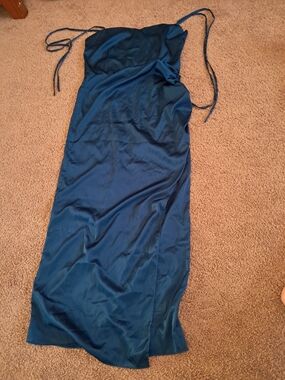 Fashion Nova Teal Satin Slip Dress with Adjustable Ties